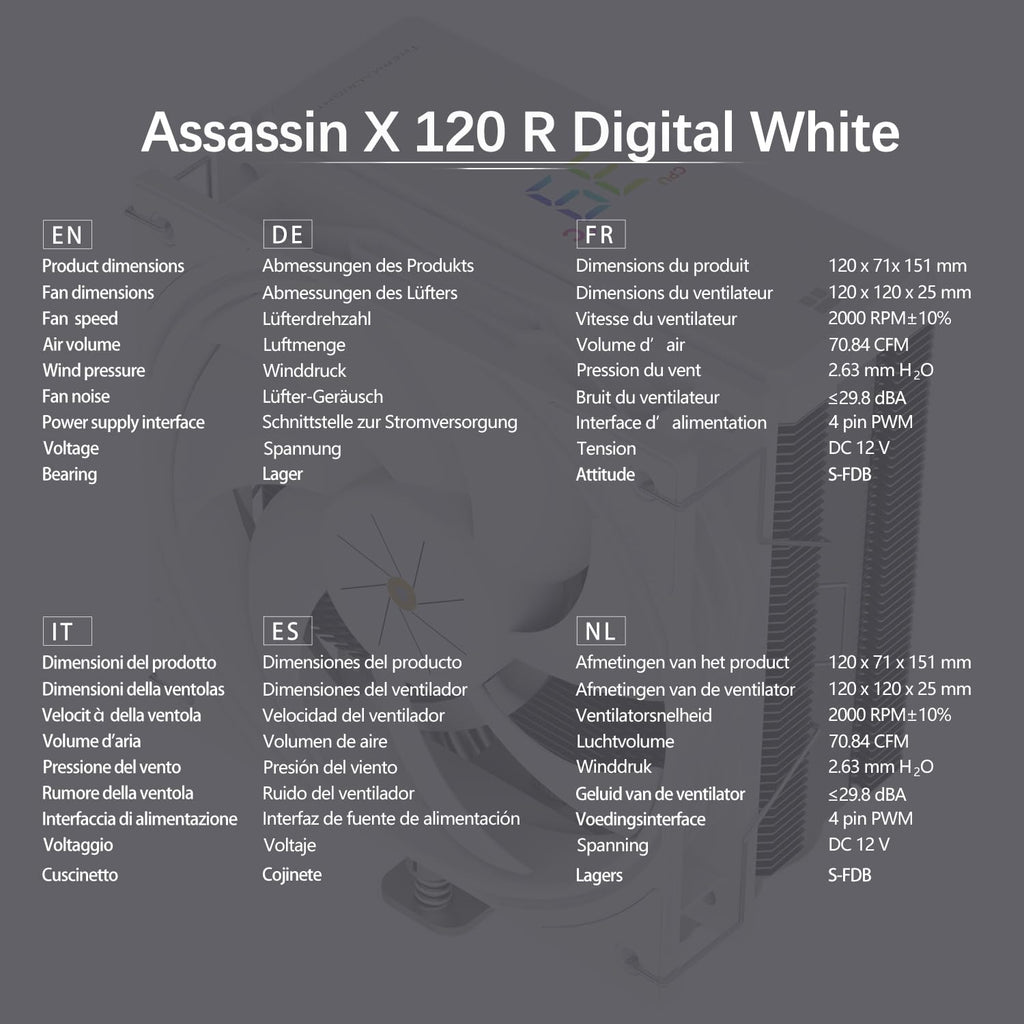 TR-Thermalright Assassin X 120 Digital ARGB vit CPU-kylare, 4 värmerör ARGB-fläkt 120 mm-2 000 varv/min, topplock med digital skärm, för AM5/AM4, Intel LGA1851/1700, vit