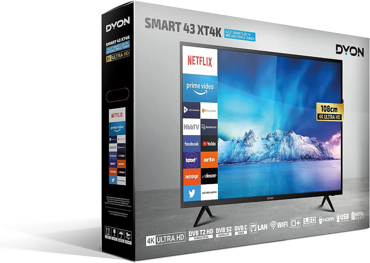 DYON Smart 40 VX-2 Full HD-TV, trippel HD-mottagare (DVB-C/-S2/-T2), App Store, Prime Video, Netflix, YouTube, DAZN, Disney+, svart