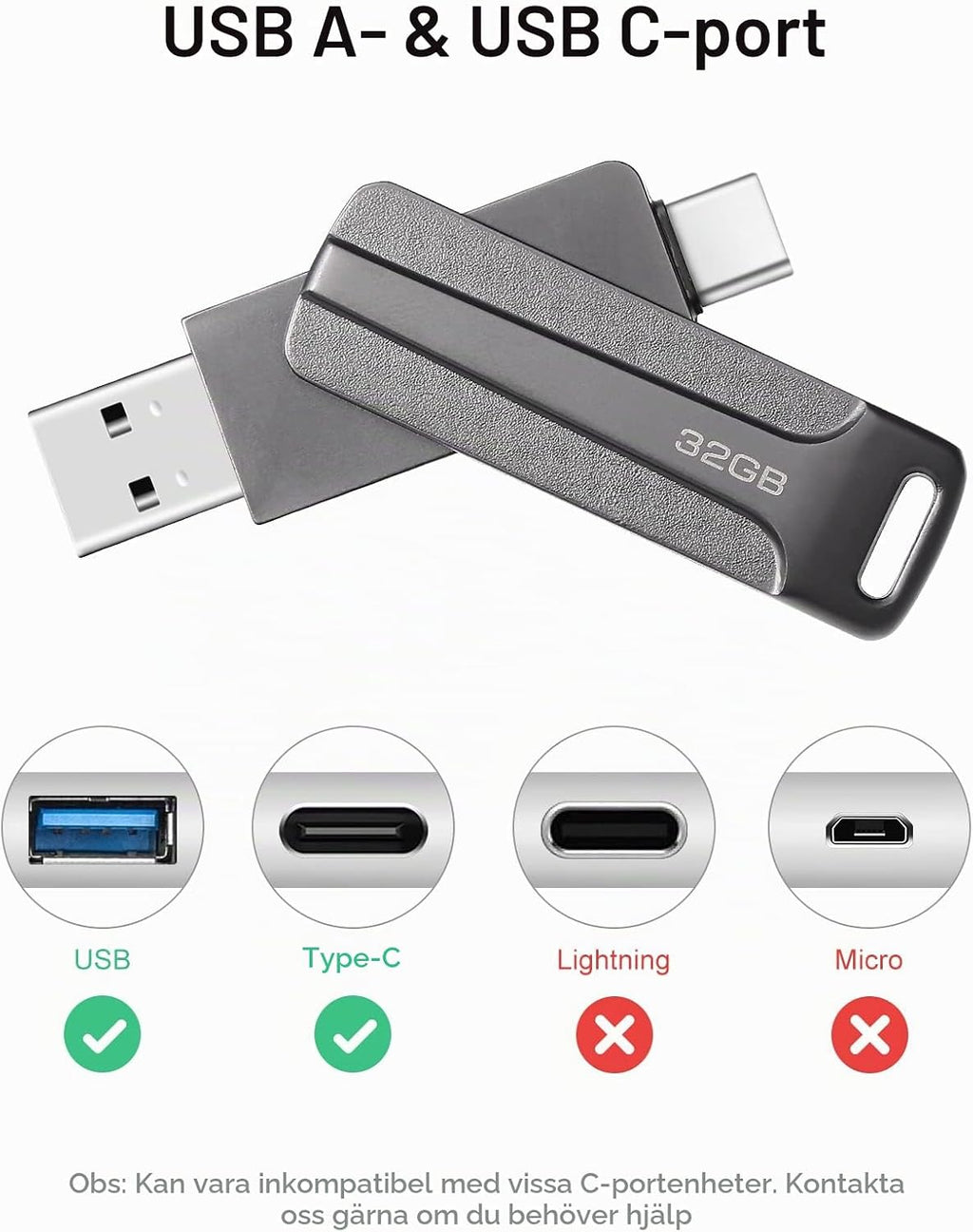 128 GB 2-i-1 USB-minne 128 GB typ-C Pendrive 128GO USB C Flash Drive 128 Giga 2-i-1 OTG Pen 128GO för PC/surfplatta/Laptop/Smartphone med typ C, Xiaomi/Huawei (silver)