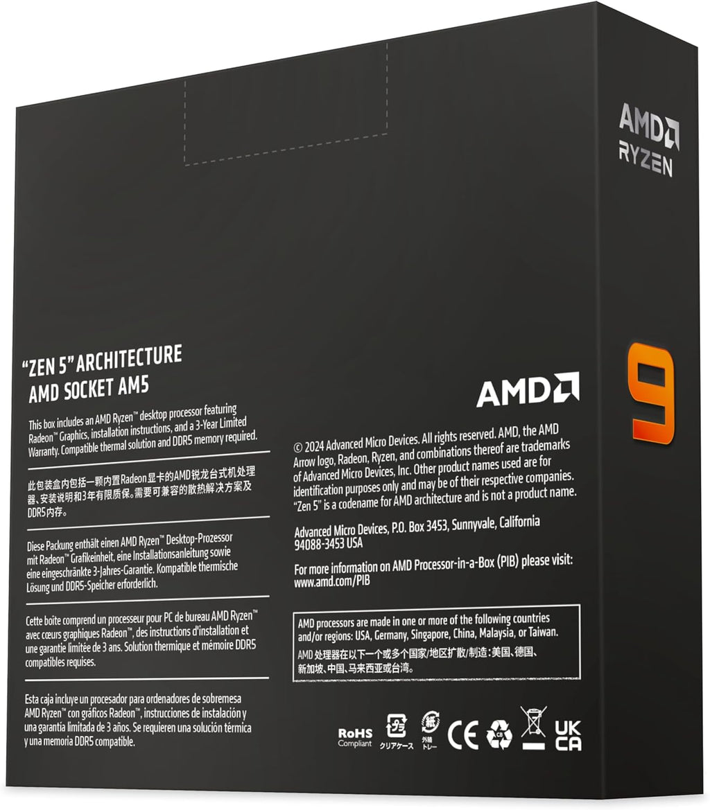 AMD Ryzen 9 9950X (16 kärnor/32 trådar, 170W TDP, AM5-socket, 80MB cache, upp till 5,7 GHz max boost, ingen kylare)