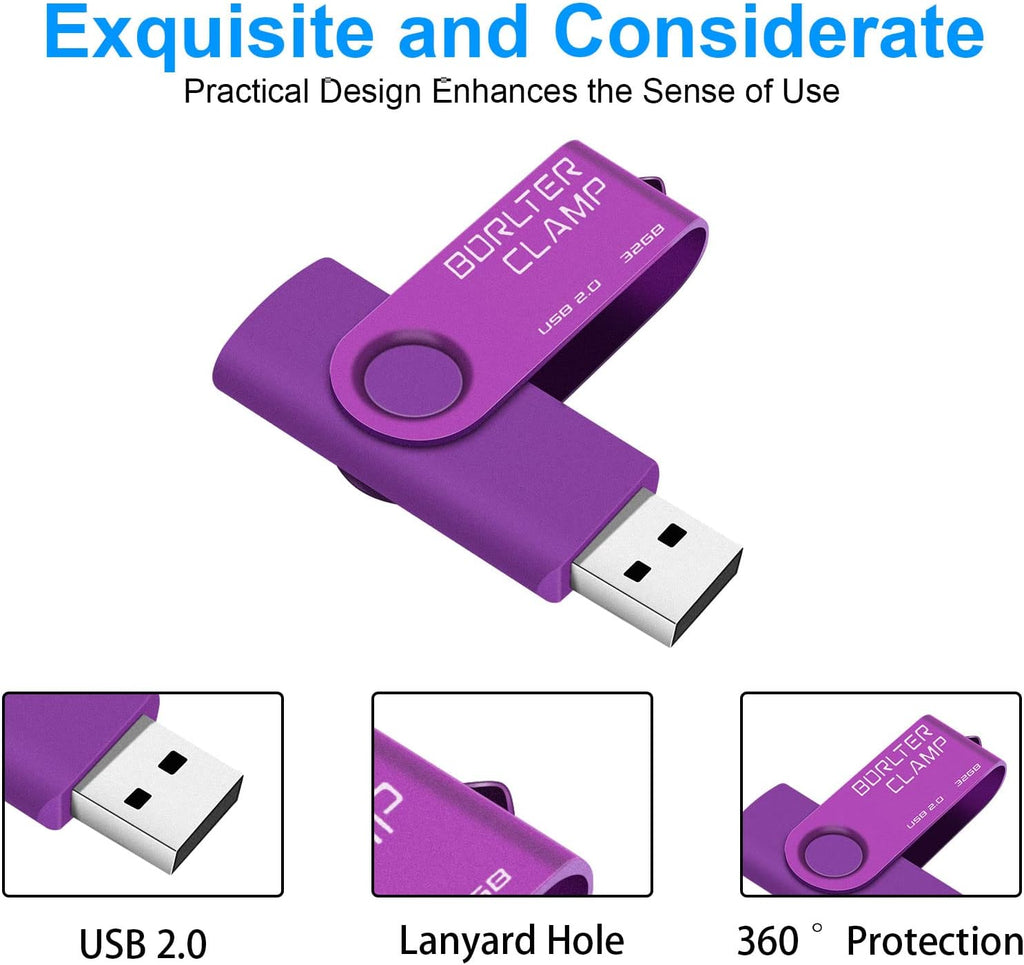 BorlterClamp 32 GB USB-minne 2-pack USB 2.0-enhetsset, färgglada USB-flash-enheter, vridbara USB-minnen, svart och lila