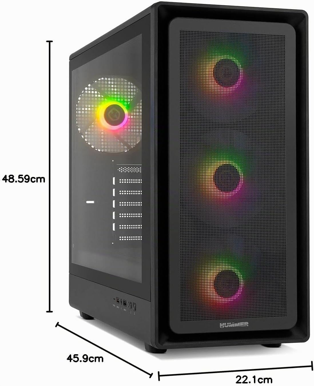NOX XTREME PRODUCTS Hummer Galaxy - Datorchassi, Ramlöst Härdat Glas, 4x 120mm PWM Fläktar, Plats för 10 Fläktar, USB-C och USB 3.0, ARGB Hub Controller, ATX/M-ATX/ITX, Svart