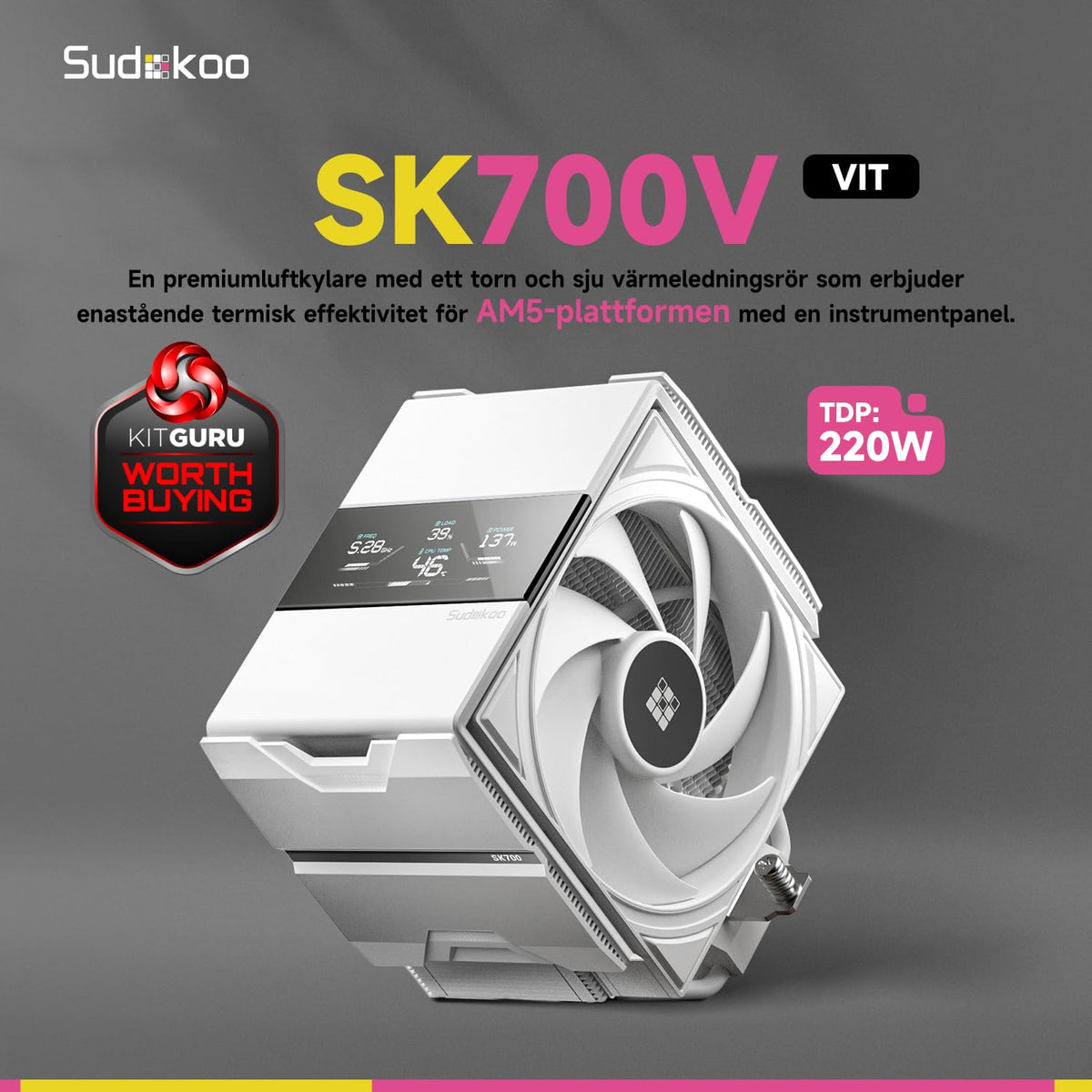 Sudokoo SK700V VIT AM5 CPU-Kylare, AM5 Exklusiv, Digital Display, 7 Värmeledarrör CPU-Luftkylare, Enkel Torn-Design, 120mm FDB PWM-Fläkt, Full RAM-Kompatibilitet, L-Rail Låsmontering, 5 Års Garanti