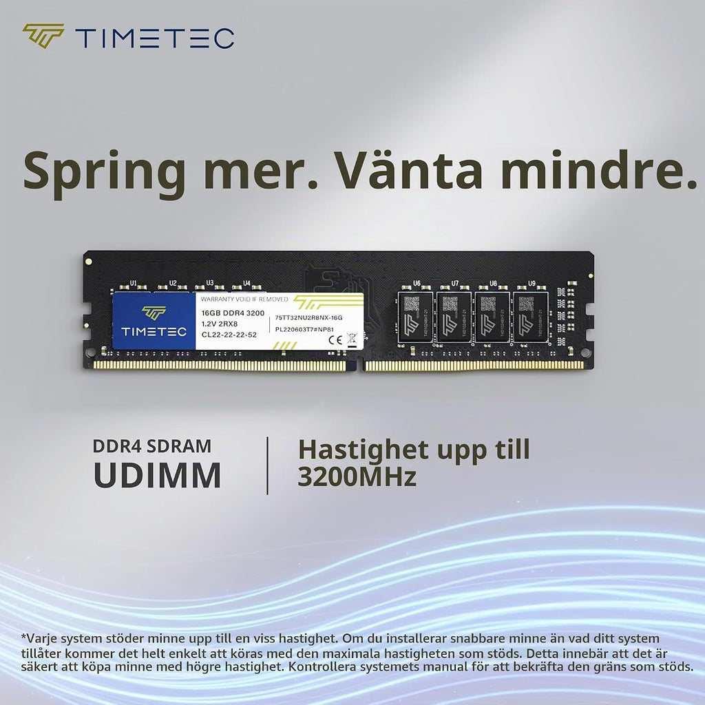 Timetec Premium 32 GB kit (2 x 16 GB) DDR4 3200 MHz (eller 2 933 MHz eller 2666 MHz) PC4-25600 icke-XMP CL22 1,2 V icke-ECC obuffrad 2Rx8 Dual Rank 288 Pin UDIMM skrivbord PC datorminne
