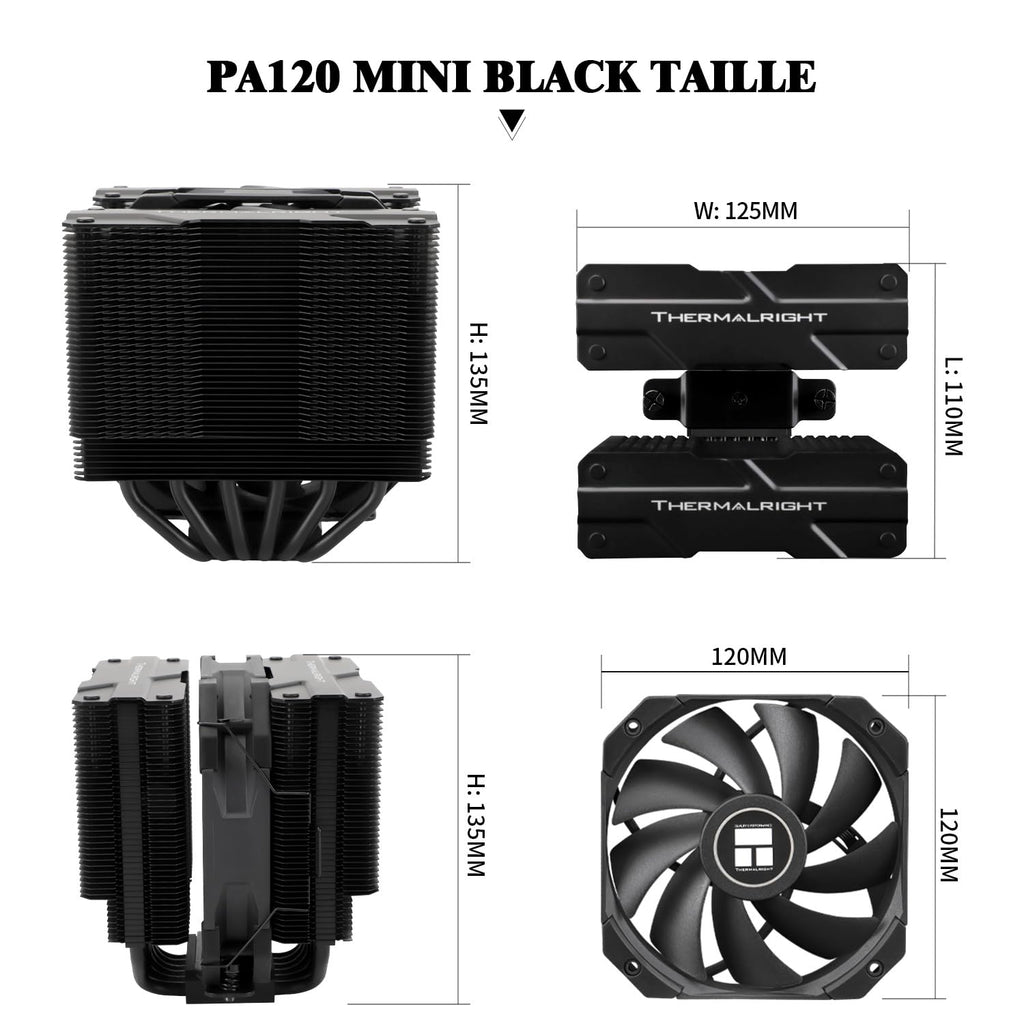 Thermalright Peerless Assassin 120 MINI Svart CPU, 6 värmeledningar, 120 mm, PWM-fläkt TL-D12B, höjd 135 mm, dubbeltorns-kylning, för AMD AM4 AM5/Intel LGA 1851/1700/1150/1151/1200/2011