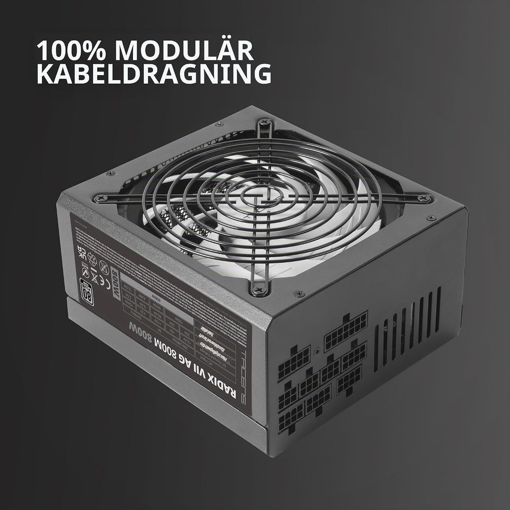 Tacens RADIX VII AG 800, full modul 800 W ATX strömförsörjning, 10 års garanti, 80Plus silver, +87% effektivitet, 140 mm FDB-fläkt med AI-RPM-teknik, japanska kondensatorer 105º, svart