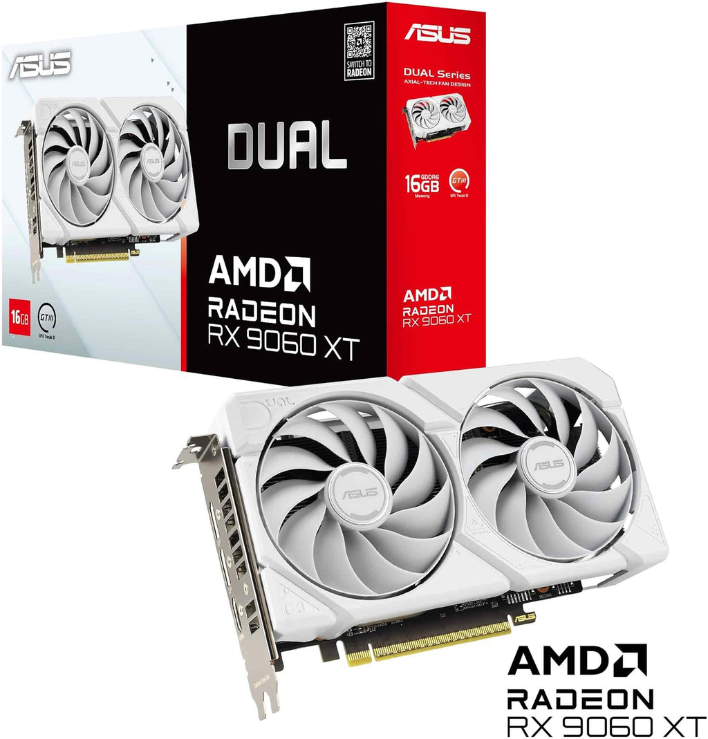 ASUS Dual Radeon RX9060XT 16G GDDR6 vitt spelgrafikkort (AMD Radeon RX9060XT, AMD RDNA 4 arkitektur, 2,5-slot design, DUAL BIOS, PCIe 5.0, 1x HMDI 2.1b, 2X DisplayPort 2.1a, vit)
