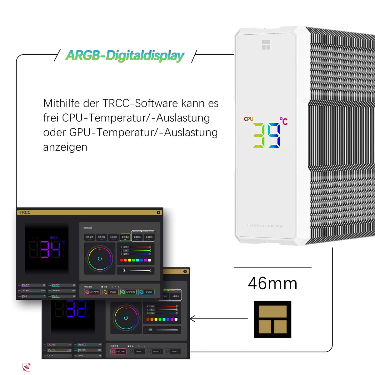 TR-Thermalright Assassin X 120 Digital ARGB vit CPU-kylare, 4 värmerör ARGB-fläkt 120 mm-2 000 varv/min, topplock med digital skärm, för AM5/AM4, Intel LGA1851/1700, vit