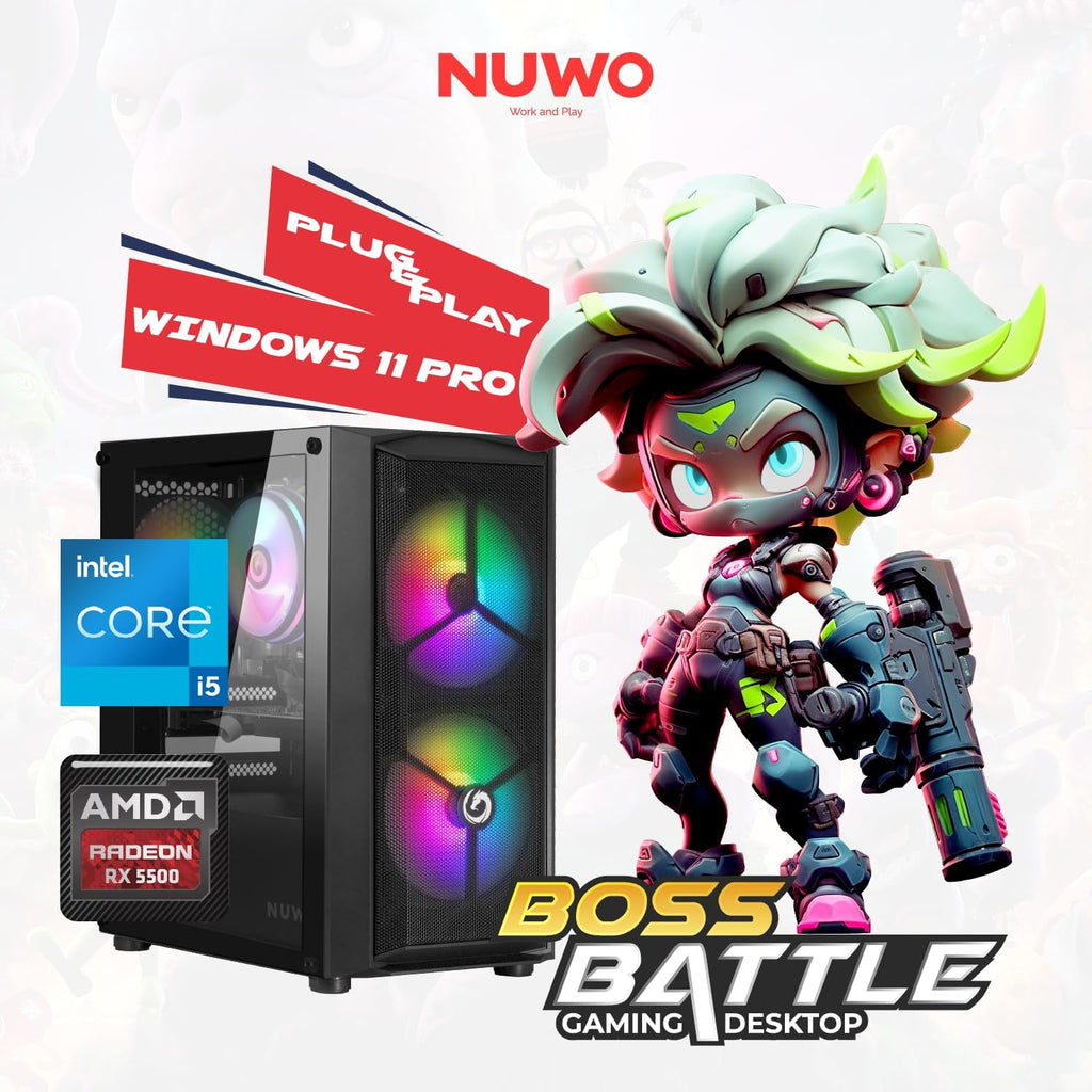 Nuwo Förmonterad Fast Gaming PC | Intel Core i5 upp till 3,8 GHz | RX 5500 8GB GDDR5 | 16 GB RAM, 1TB SSD | Windows 11 Pro förinstallerat, USB-WiFi ingår, färdig att använda | Boss Battle