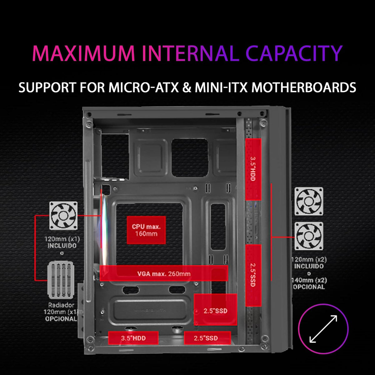 Mars Gaming MC300P rosa, Micro-ATX PC-hölje, härdat glas, meshfront, 3 x FRGB fläkt