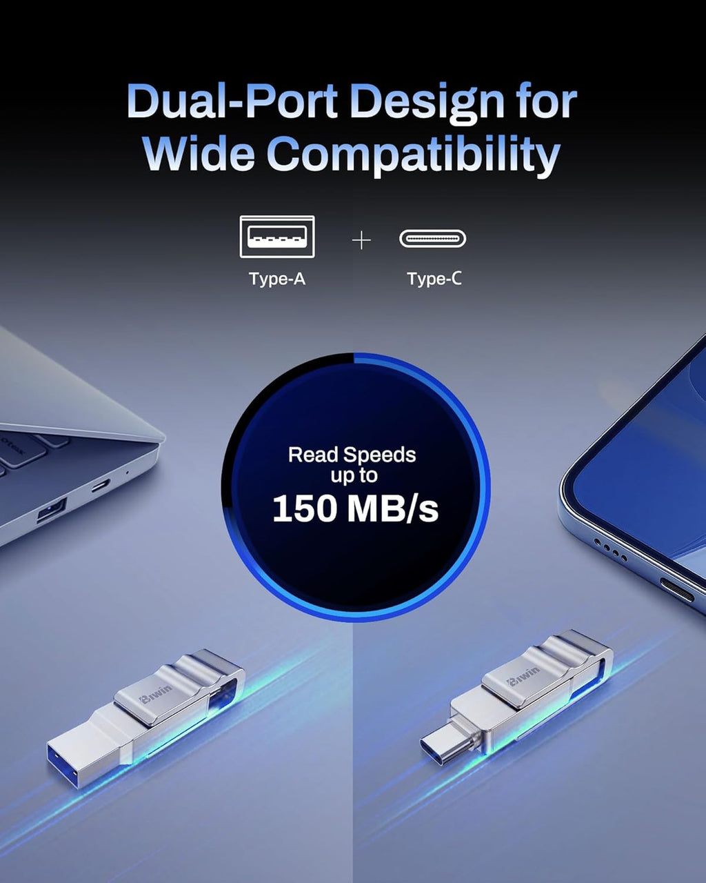 Biwin UD150 USB-minne 3.0 128 GB, USB-minne med överföringshastigheter på upp till 150 MB/s, Dural-Port USB Type-C till Type-A USB-minne