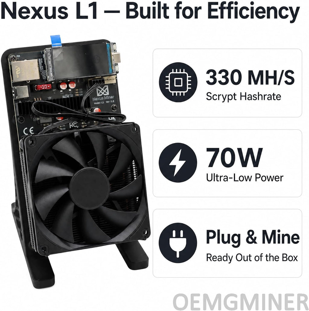 New Nexus L1 ASIC Miner 330 MH/s 70W Låg Strömförbrukning, Kompatibel med Dogecoin & Litecoin, Tyst Fläkt, Inbyggt WiFi - Kryptobrytningsmaskin för Hem & Kontor