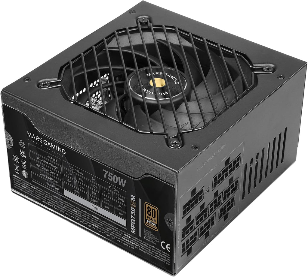 MARS GAMING MPB750SIM, Fullmodulärt ATX 750W Nätaggregat, 7 Års Garanti, 80Plus Bronze 230V EU, 90% Effektivitet, 140mm SI Extreme Silence Fläkt, AI2-RPM, DC-DC och SMD Teknologier, Svart