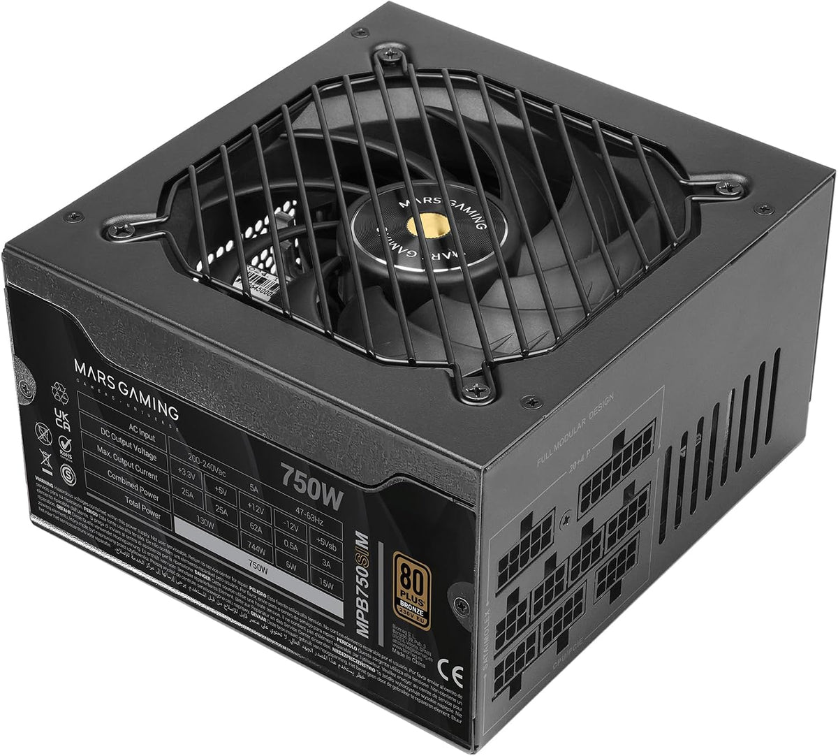 MARS GAMING MPB750SIM, Fullmodulärt ATX 750W Nätaggregat, 7 Års Garanti, 80Plus Bronze 230V EU, 90% Effektivitet, 140mm SI Extreme Silence Fläkt, AI2-RPM, DC-DC och SMD Teknologier, Svart