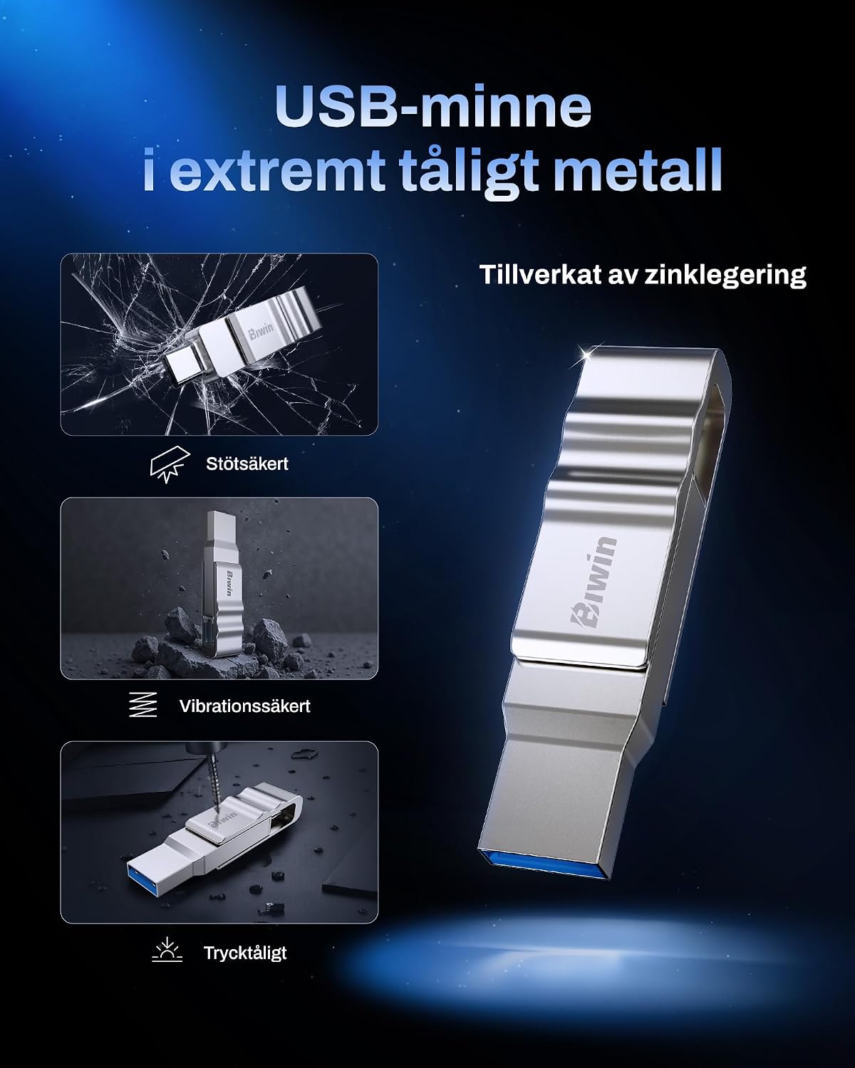 Biwin UD150 USB-minne 3.0 128 GB, USB-minne med överföringshastigheter på upp till 150 MB/s, Dural-Port USB Type-C till Type-A USB-minne