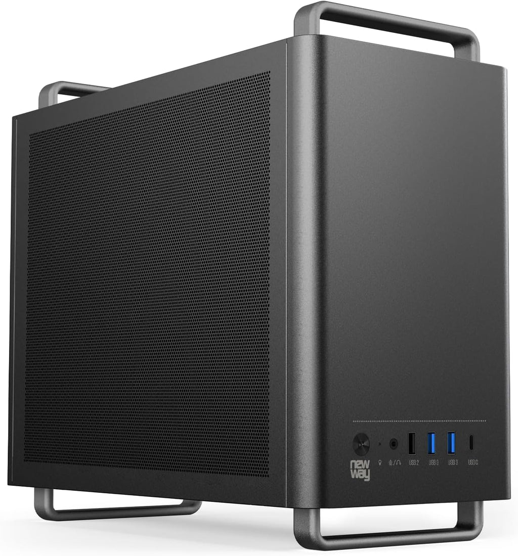 NEWWAY 2025 NC1 bärbart mini-torn, datorchassi, kompatibelt med Mini-ITX, ITX, Micro-ATX, typ-C, USB, inklusive 1 x fläkt, 9 mm, 3 Molex-stift, väggnät i metall (svart)