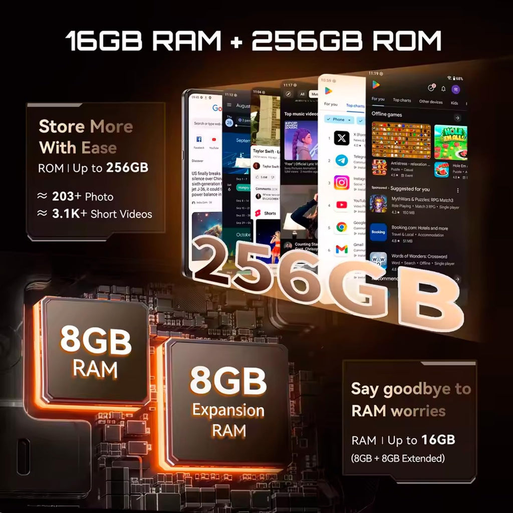 X100 5G - Smartphone 6.88" HD+ 120Hz, 16GB RAM (8GB+8GB Exp.), 256GB ROM, 64MP Kamera, Android 15, Dimensity 7025, Guld