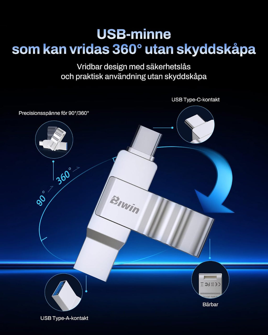 Biwin UD150 USB-minne 3.0 128 GB, USB-minne med överföringshastigheter på upp till 150 MB/s, Dural-Port USB Type-C till Type-A USB-minne