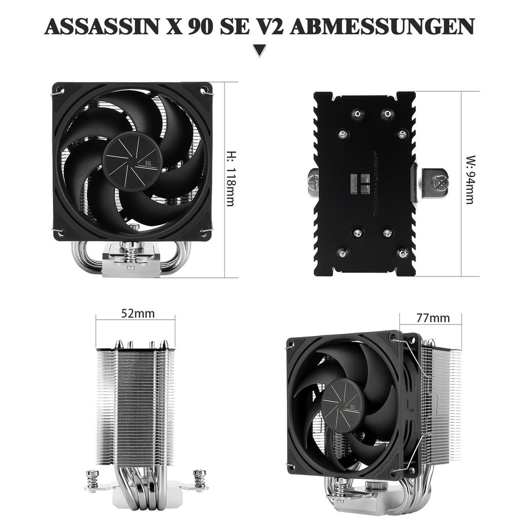 Thermalright Assassin X 90 SE ARGB CPU-luftkylare med 4 värmerör, TL-P9-S PWM ARGB-fläkt, datorkylfläns/processorkylare, AGHP 4.0-teknik, för AMD AM4 AM5/Intel LGA 1150/1151/1200/1700 (AX90 SE ARGB)