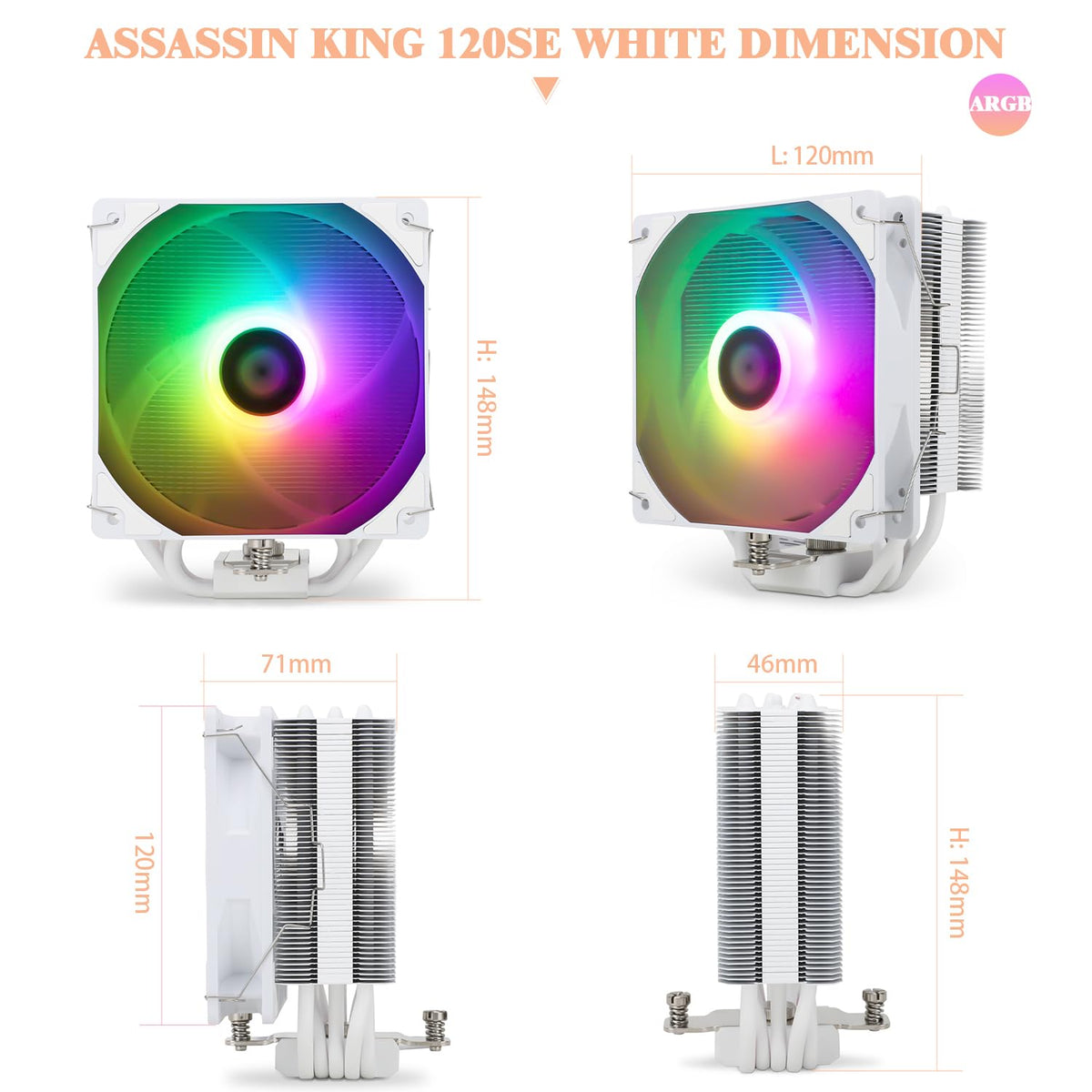 TR Assassin King 120 SE White ARGB CPU-luftkylare, 5 värmerör TL-C12CW-S PWM tyst CPU-kylare, för AMD AM4 AM5/Intel 1151/1150/1200/1700