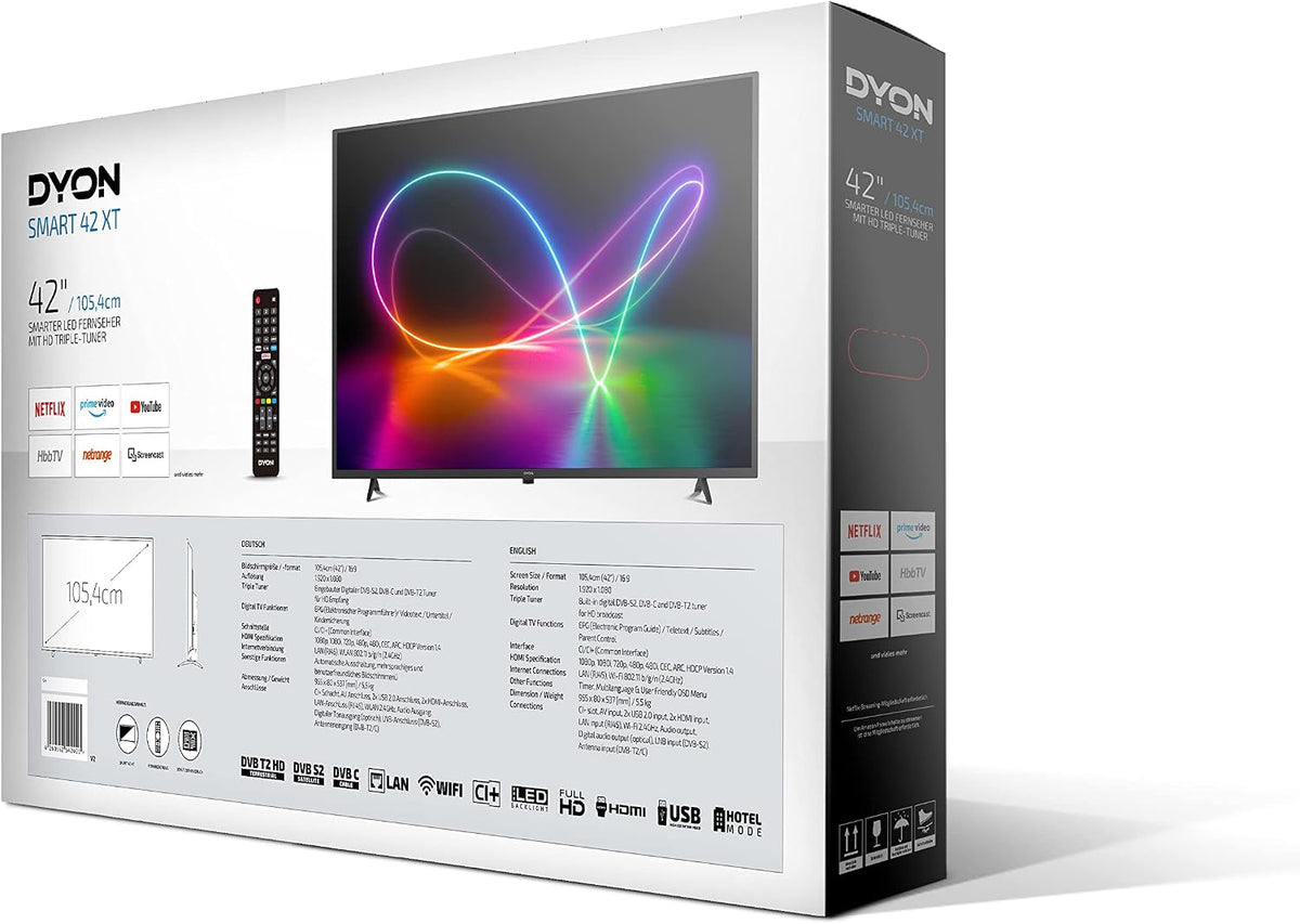 DYON Smart 40 VX-2 Full HD-TV, trippel HD-mottagare (DVB-C/-S2/-T2), App Store, Prime Video, Netflix, YouTube, DAZN, Disney+, svart