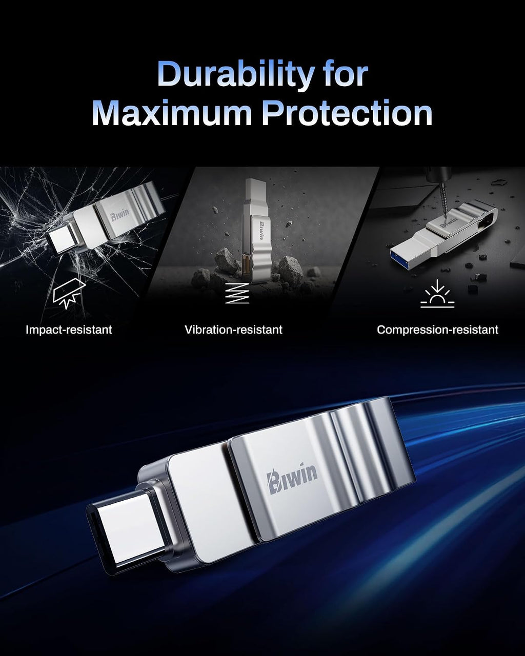 Biwin UD150 USB-minne 3.0 128 GB, USB-minne med överföringshastigheter på upp till 150 MB/s, Dural-Port USB Type-C till Type-A USB-minne