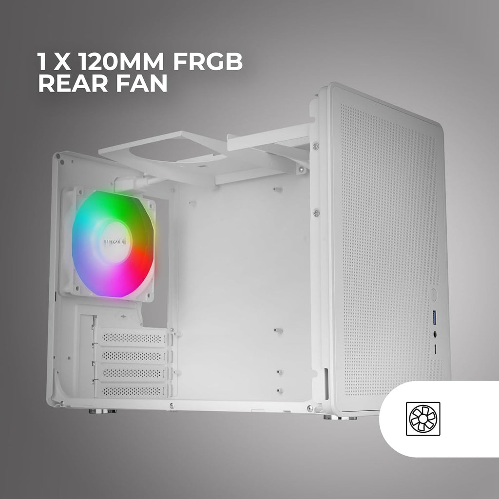 MARS GAMING MC-XPS, Ultrakompakt Gamingchassi MicroATX, Härdat Glas + Meshpaneler, FRGB 120mm Fläkt, Mesh Kylningsteknik, Dubbelt Stöd för PSU ATX och SFX, Mini-Tower PC USB-C, Vit