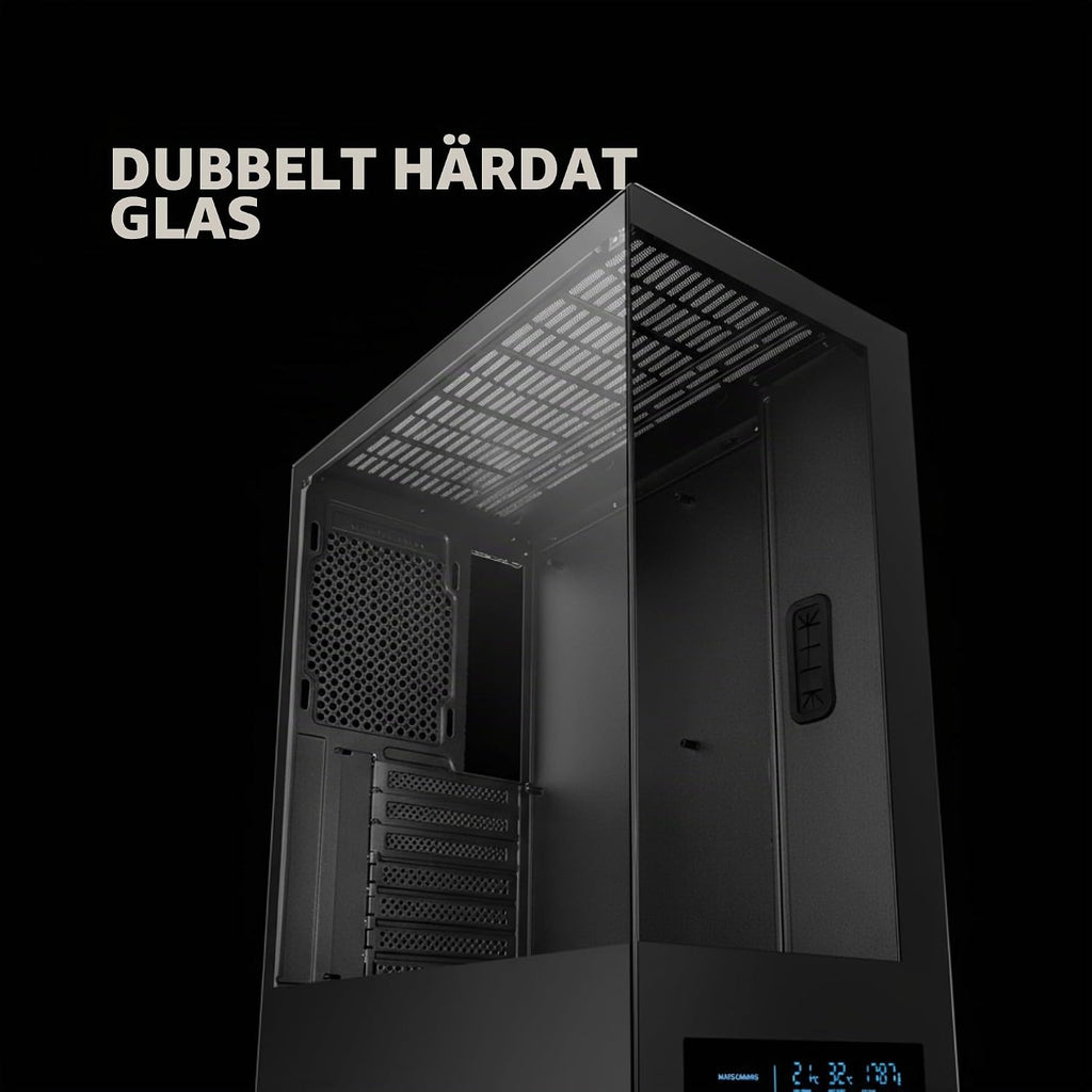 Mars Gaming MC-PULSAR, ATX Gaming-chassi, Frontal LCD-Skärm i Realtid, Dubbla Härdat Glas Fram Och Sida, Kabelhanteringssystem CABLEHATCH, Vätskekylning upp till 240mm, Svart