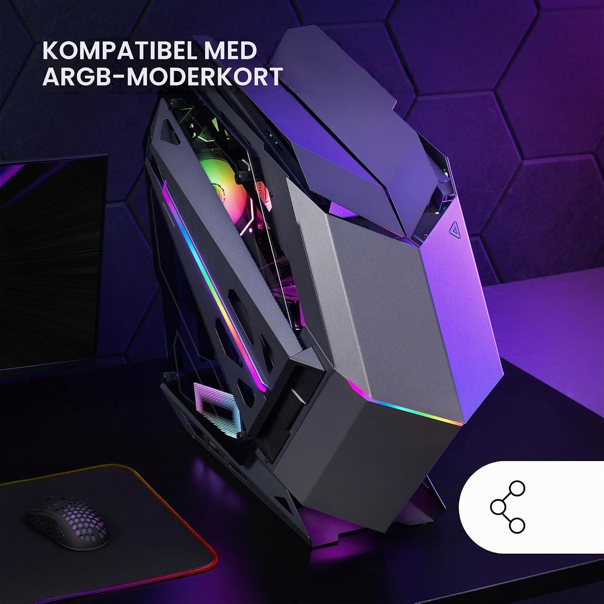 Mars Gaming MC-TITAN, Gamingkabinett RGB XXL ATX, Dubbel LED-Remsa och Främre ARGB-Belysning, Belysningshub + Fjärrkontroll, Kompatibel med ARGB Moderkort, Stöd för Vätskekylning, Svart