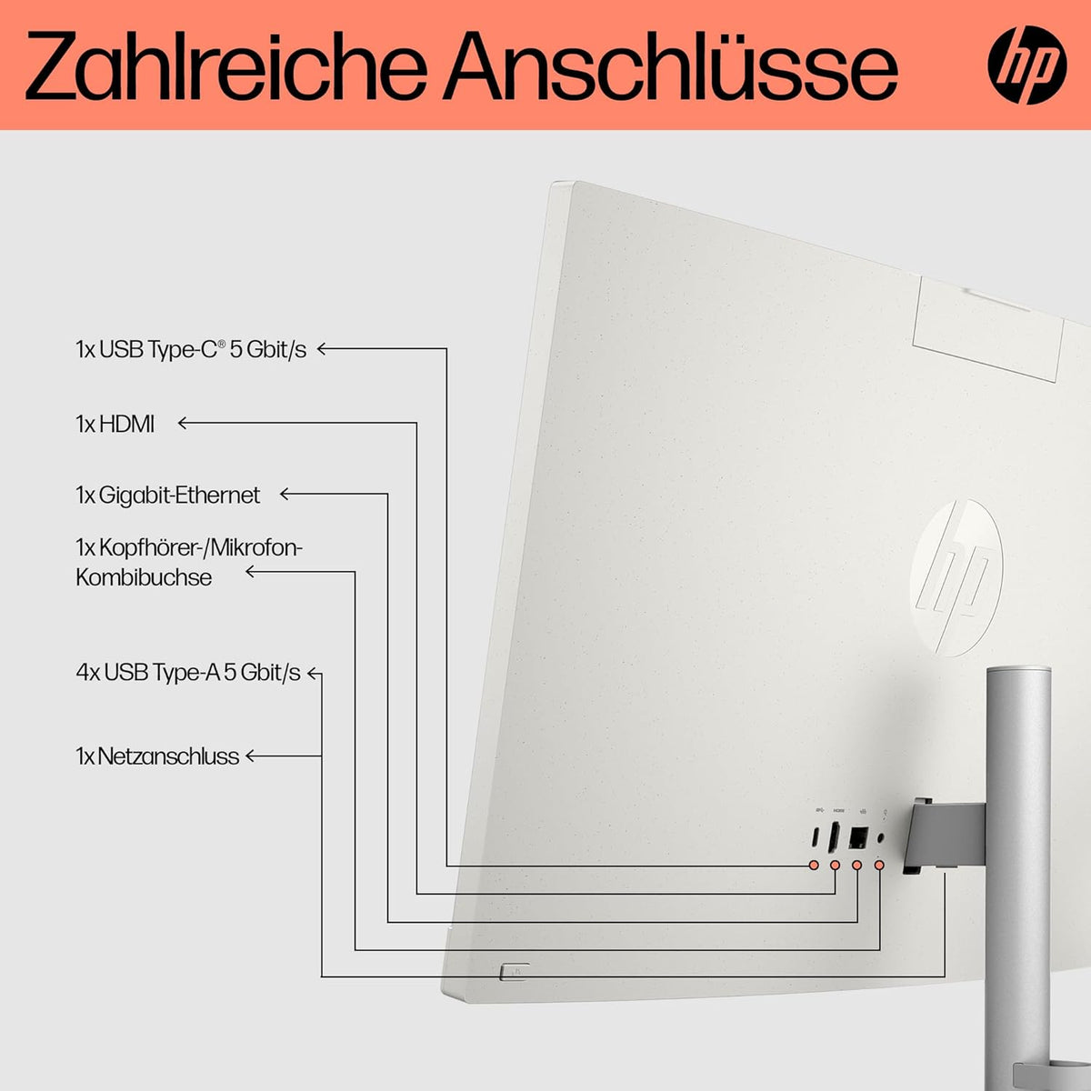 HP Allt-i-ett-stationär dator, 23,8 tums FHD-skärm, AMD Ryzen 5 7520U, 8 GB DDR5 RAM, 512 GB SSD, AMD Radeon-grafikenhet, Windows 11 Home, QWERTZ vit, exklusivt från Amazon