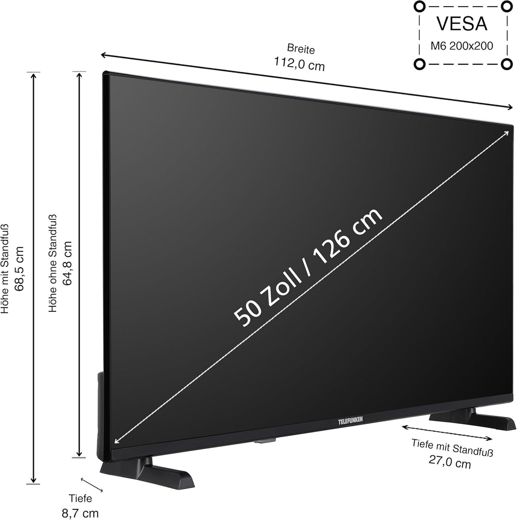 Telefunken QLED VIDAA QU50VP750S Smart TV 50 tum 4K UHD, HDR med Dolby Vision, Dolby Atmos, trippel tuner och 6 månader HD+ ingår, svart