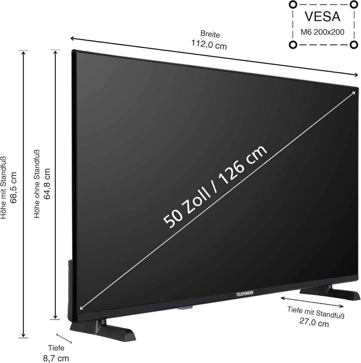 Telefunken QLED VIDAA QU50VP750S Smart TV 50 tum 4K UHD, HDR med Dolby Vision, Dolby Atmos, trippel tuner och 6 månader HD+ ingår, svart