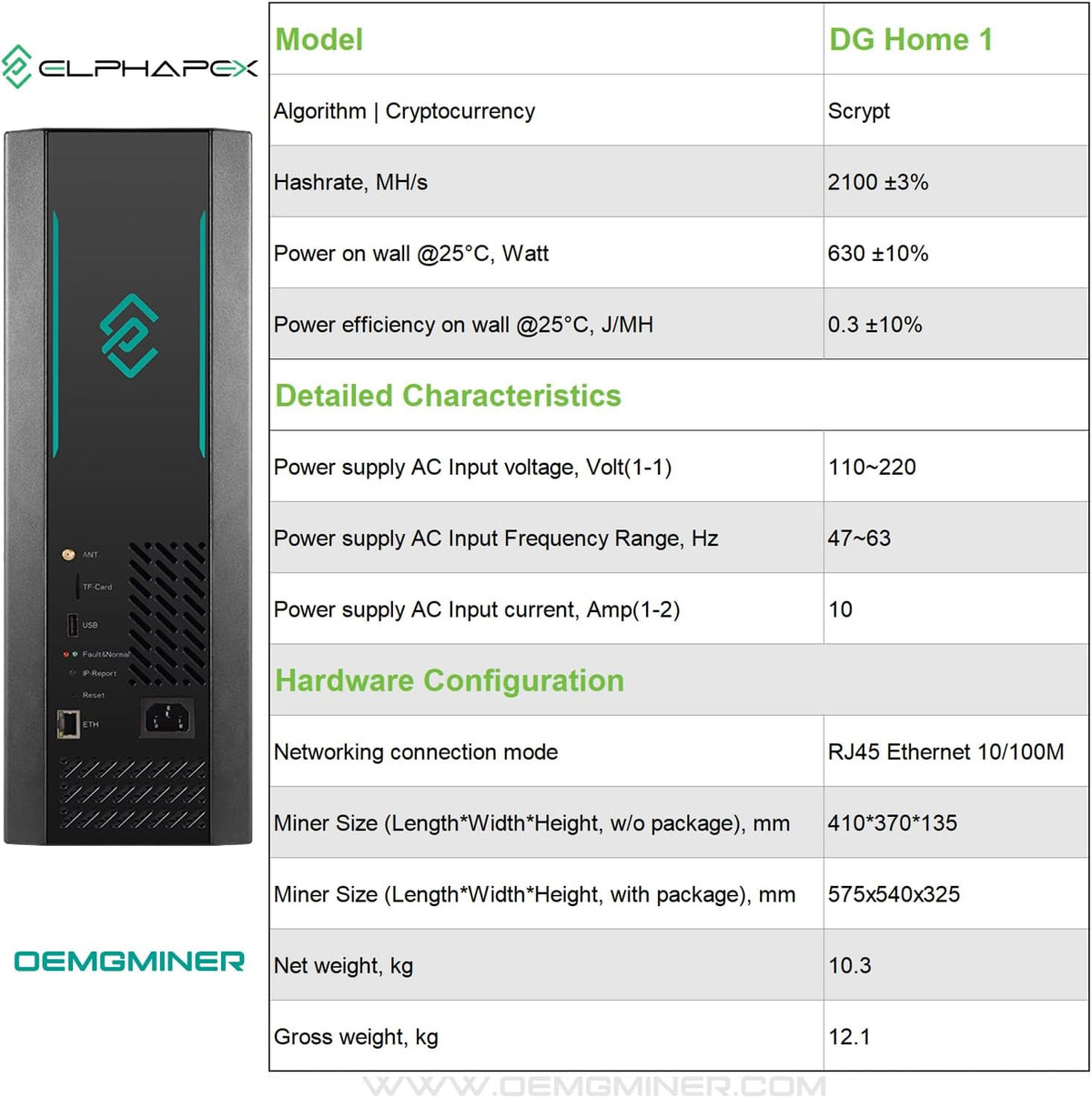 OEMGMINER Ny ELPHAPEX DG Home1 2100 MHz / 630 W för Doge Coin & LTC ASIC Miner Crypto Miner