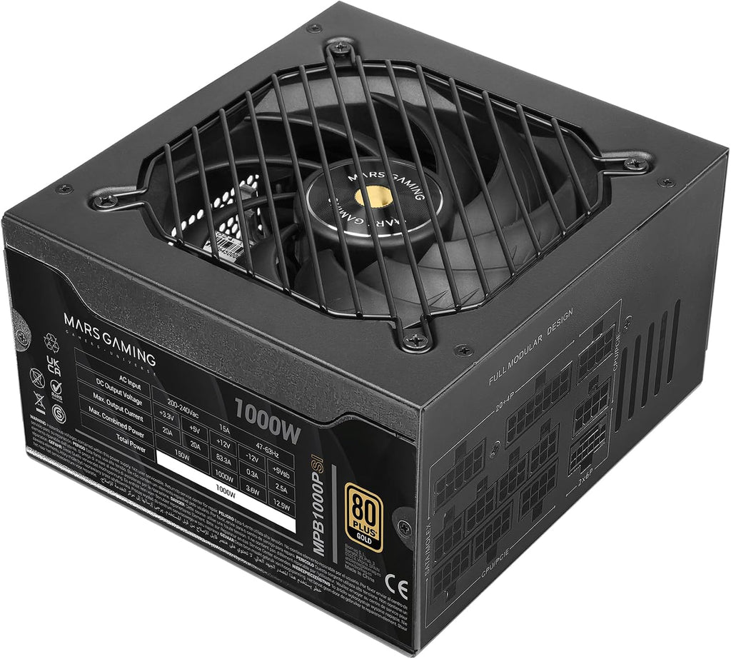 MARS GAMING MPB1000PSI, Fullmodulär ATX Nätaggregat 1000W, 10 Års Garanti, 80Plus Gold 90%, SI Fläkt 140mm, AI2-RPM, DC-DC och SMD Tekniker, ATX 3.1 och PCIe 5.1 med 12V 2x6 Kontakt, Svart