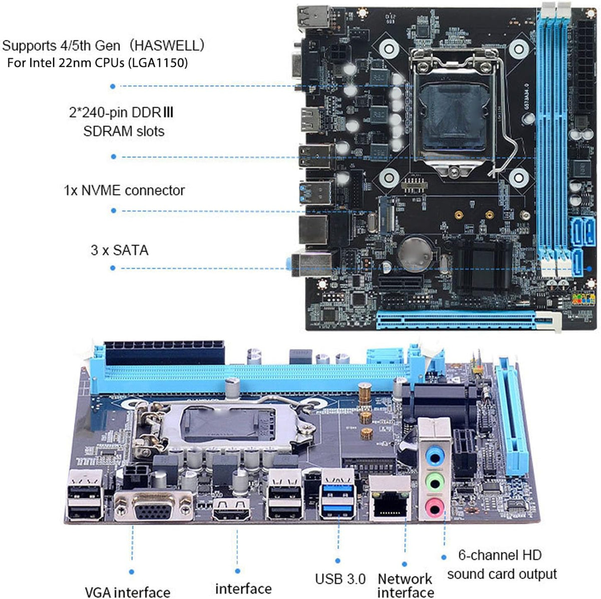 H81 Gaming Moderkort, LGA 1150 Micro ATX PC Moderkort, Dual Channel DDR3 M.2 NVMe NGFF PCIe Slot Stöd för Core I3 I5 I7 för E3 V3 för Celeron G-serien