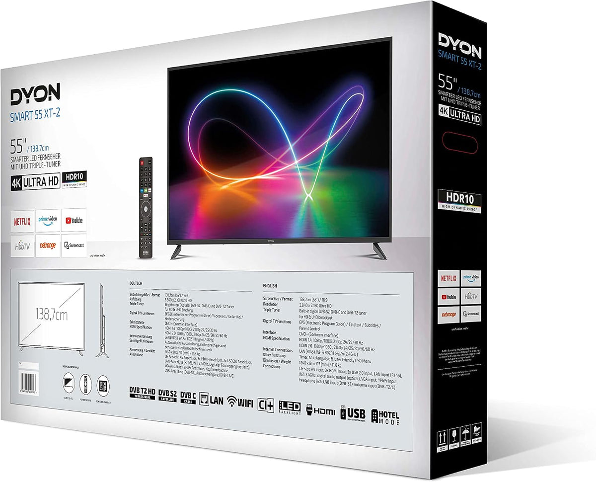 DYON Smart 40 VX-2 Full HD-TV, trippel HD-mottagare (DVB-C/-S2/-T2), App Store, Prime Video, Netflix, YouTube, DAZN, Disney+, svart
