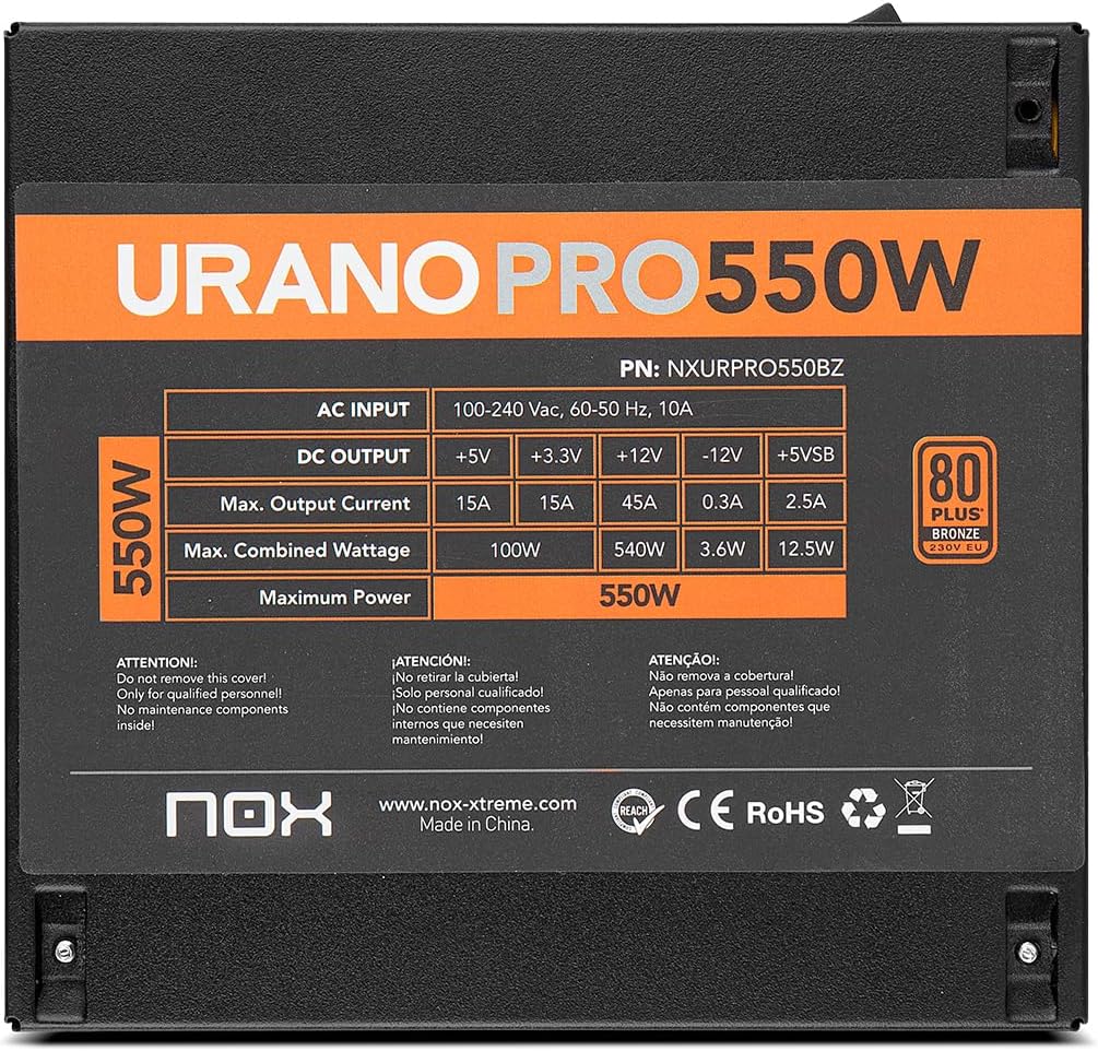 NOX URANO PRO 550W Bronze - Nätaggregat 550W, 80 PLUS Bronze-certifierad, ATX MB, SATA, EPS, PCIE, 12V, Molex, 120mm PWN-fläkt, automatisk spänning (100-240V), svart.