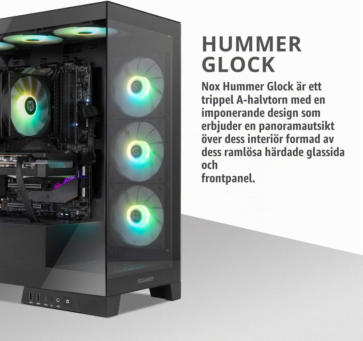NOX XTREME PRODUCTS Hummer Galaxy - Datorchassi, Ramlöst Härdat Glas, 4x 120mm PWM Fläktar, Plats för 10 Fläktar, USB-C och USB 3.0, ARGB Hub Controller, ATX/M-ATX/ITX, Svart