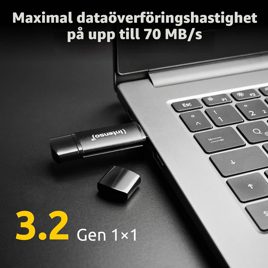 Intenso Flex Line 64 GB USB-minne - Dual USB 3.2 Gen 1x1 minne med USB-C och USB-A för smartphone, surfplatta, bärbar dator och OTG-kompatibel PC, 70 MB/s, svart