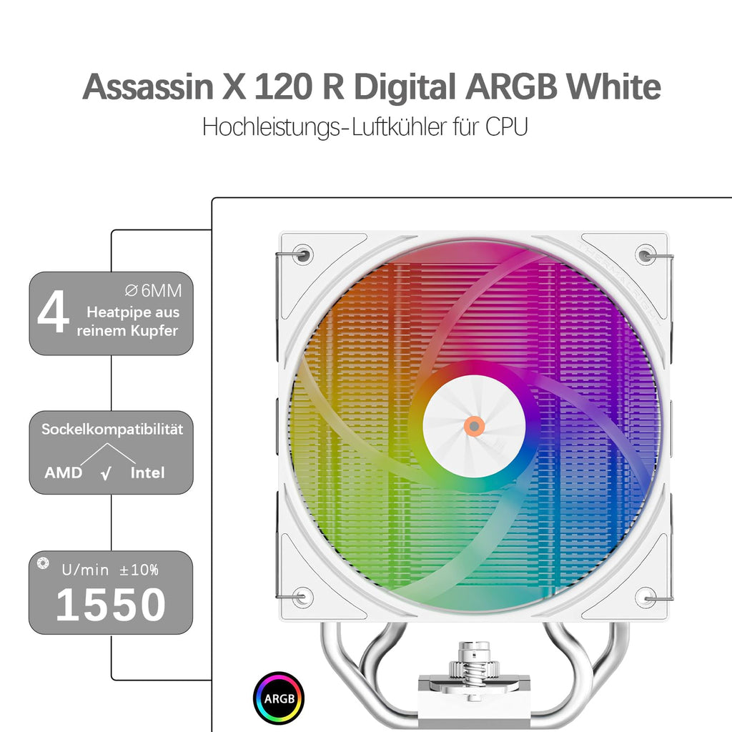 TR-Thermalright Assassin X 120 Digital ARGB vit CPU-kylare, 4 värmerör ARGB-fläkt 120 mm-2 000 varv/min, topplock med digital skärm, för AM5/AM4, Intel LGA1851/1700, vit