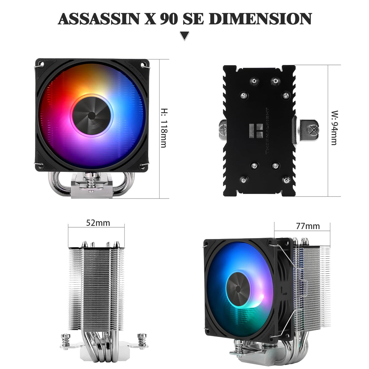 Thermalright Assassin X 90 SE ARGB CPU-luftkylare med 4 värmerör, TL-P9-S PWM ARGB-fläkt, datorkylfläns/processorkylare, AGHP 4.0-teknik, för AMD AM4 AM5/Intel LGA 1150/1151/1200/1700 (AX90 SE ARGB)