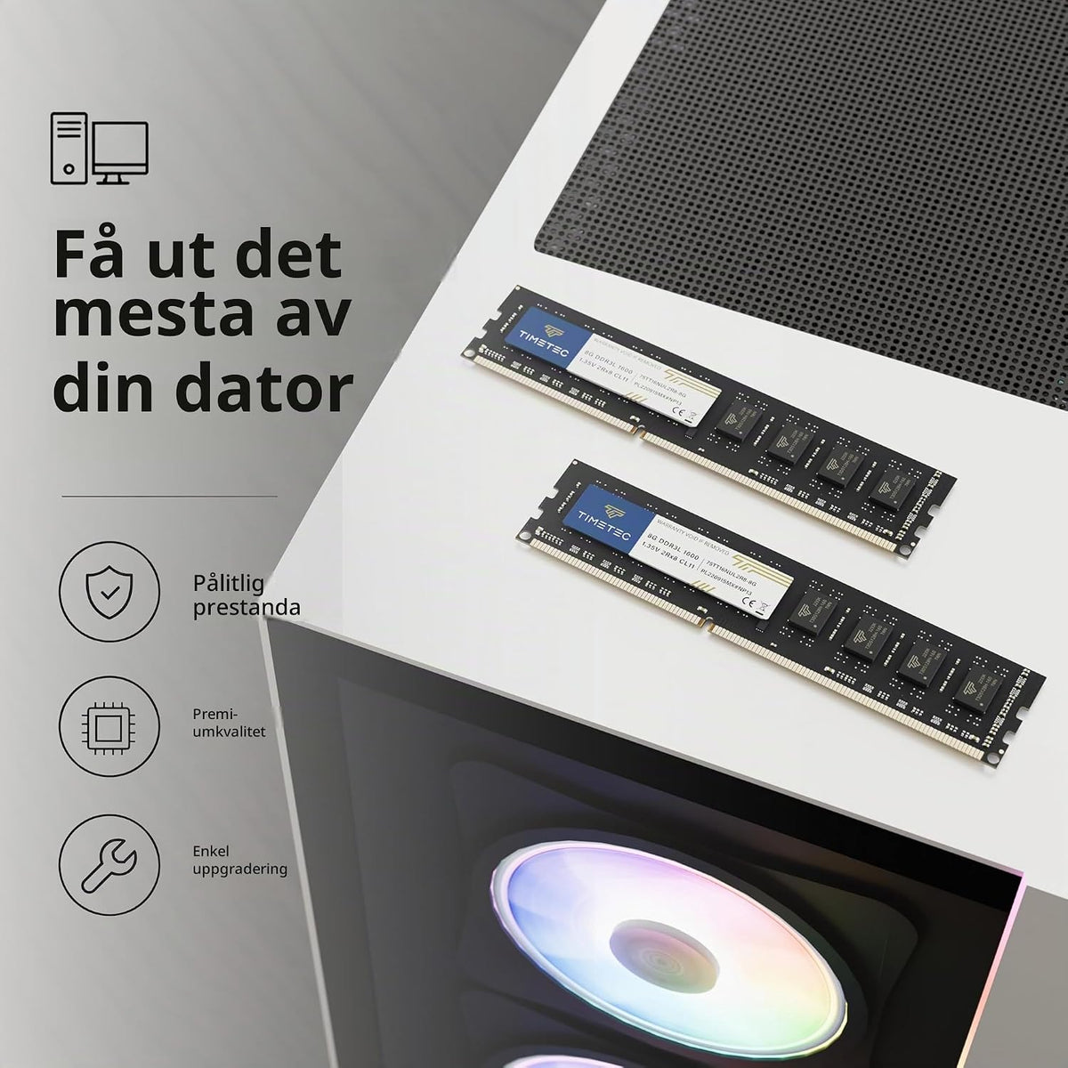Timetec 16GB (2x8GB) DDR3L / DDR3 1600MHz PC3L-12800 / PC3-12800 Ingen ECC Obuffrad 1,35V / 1,5V CL11 2Rx8 Dual Rank 240 Pin UDIMM Stationär dator RAM-minne (SDRAM) uppgraderingsmodul