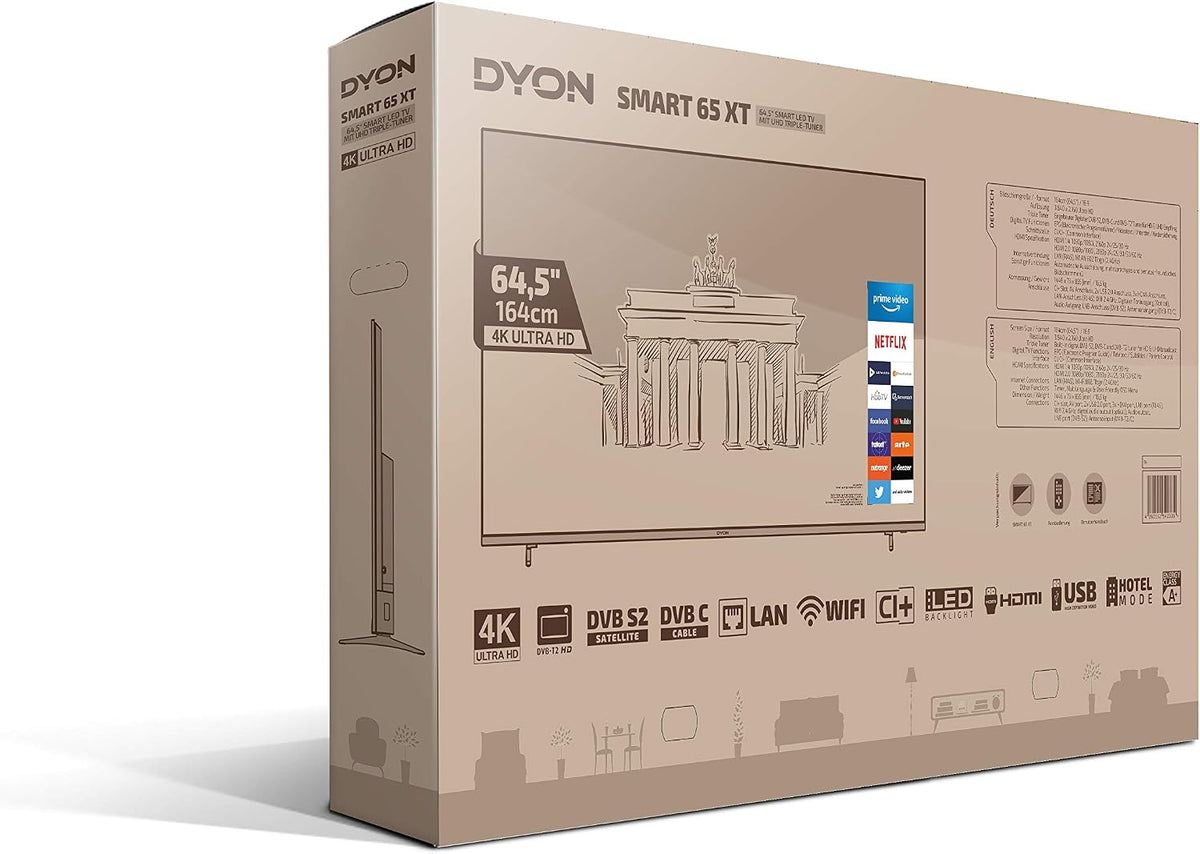 DYON Smart 40 VX-2 Full HD-TV, trippel HD-mottagare (DVB-C/-S2/-T2), App Store, Prime Video, Netflix, YouTube, DAZN, Disney+, svart