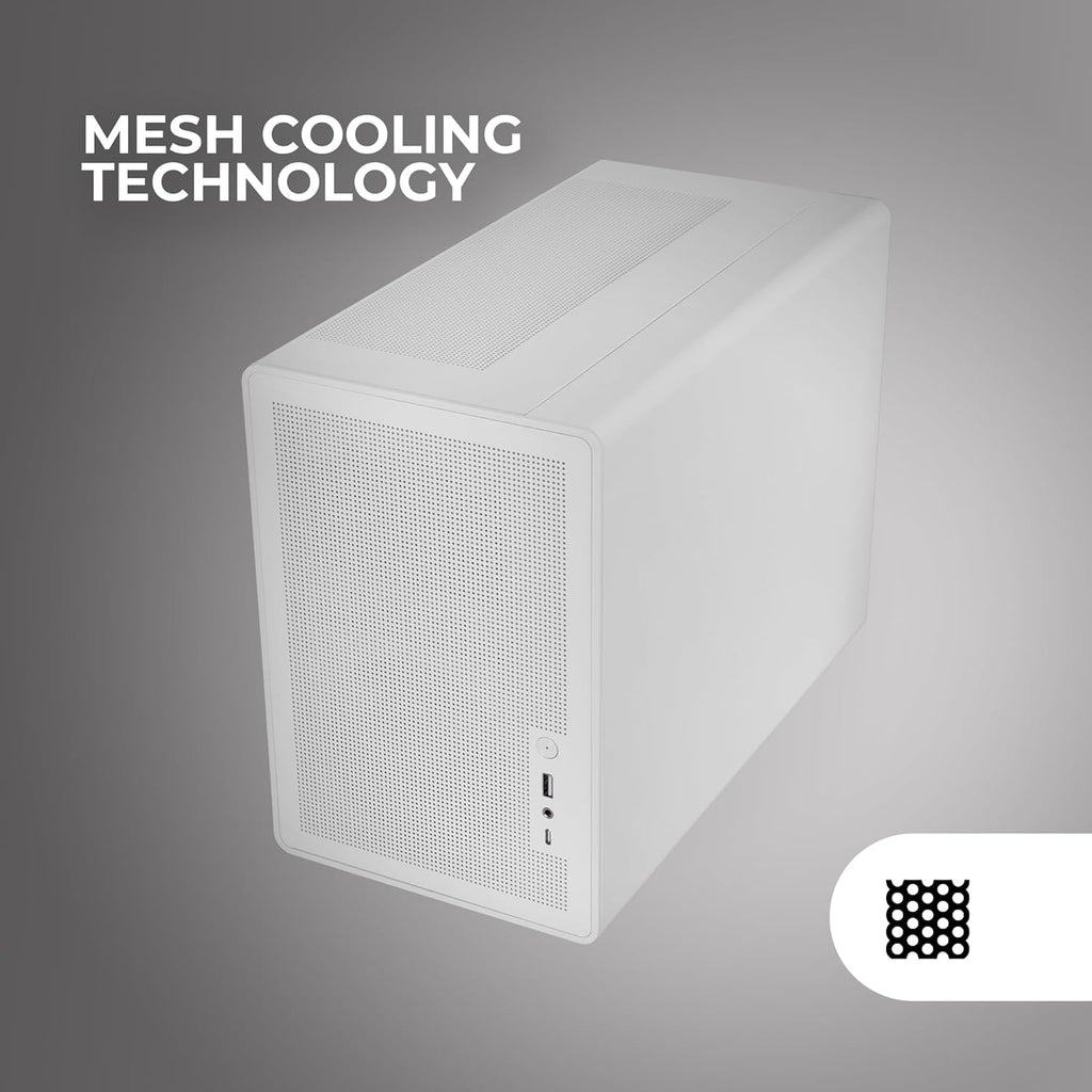 MARS GAMING MC-XPS, Ultrakompakt Gamingchassi MicroATX, Härdat Glas + Meshpaneler, FRGB 120mm Fläkt, Mesh Kylningsteknik, Dubbelt Stöd för PSU ATX och SFX, Mini-Tower PC USB-C, Vit