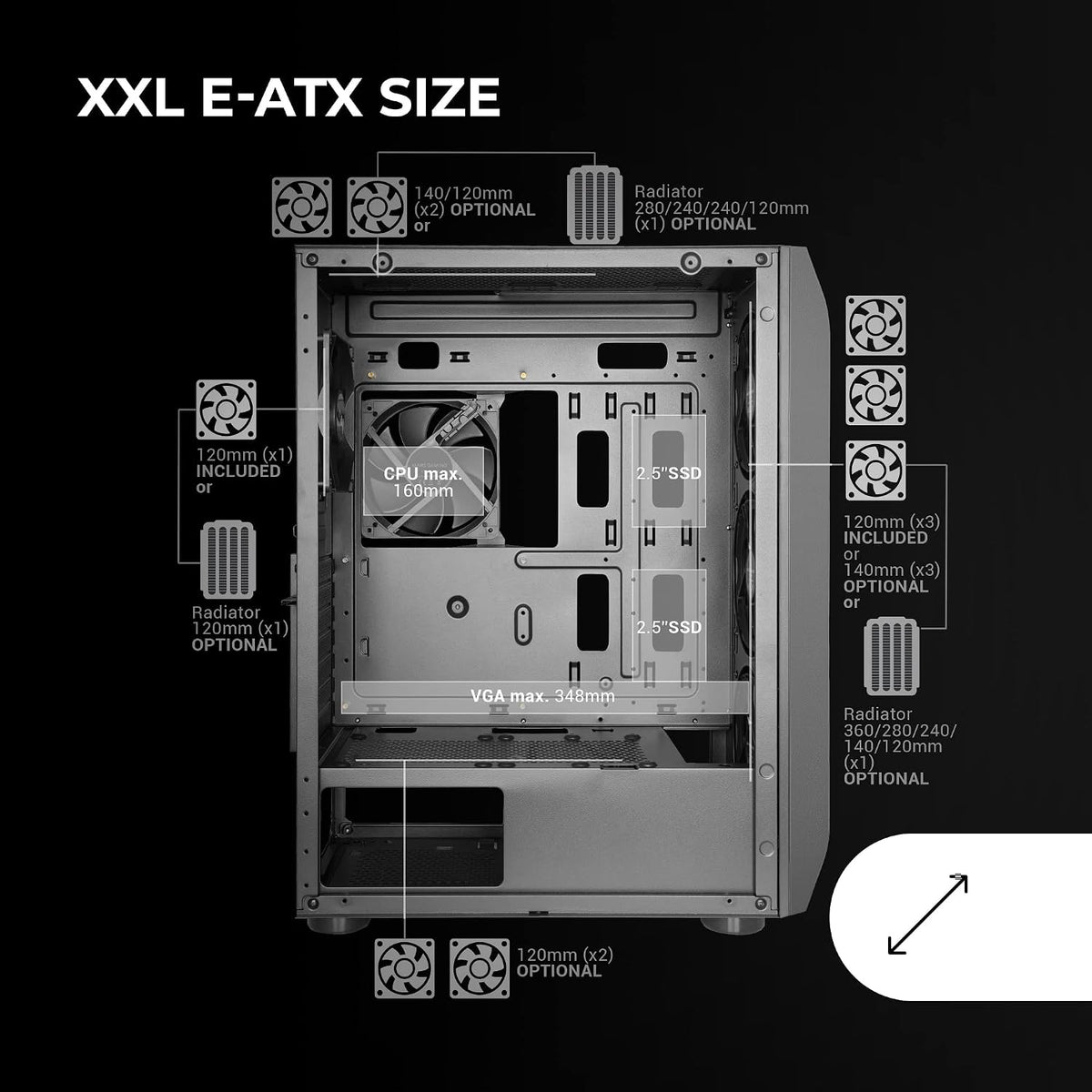 Mars Gaming MC-NOVA, Custom XXL E-ATX Gaming Tower, flyg- och rymdfartsaluminium, helt dubbelfönster härdat glas, Dual Chamber Construction, USB-C
