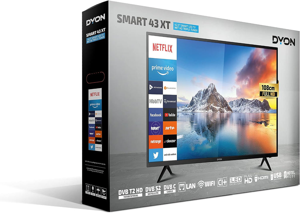 DYON Smart 40 VX-2 Full HD-TV, trippel HD-mottagare (DVB-C/-S2/-T2), App Store, Prime Video, Netflix, YouTube, DAZN, Disney+, svart