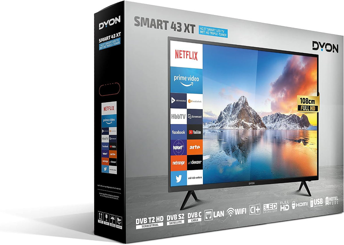 DYON Smart 40 VX-2 Full HD-TV, trippel HD-mottagare (DVB-C/-S2/-T2), App Store, Prime Video, Netflix, YouTube, DAZN, Disney+, svart