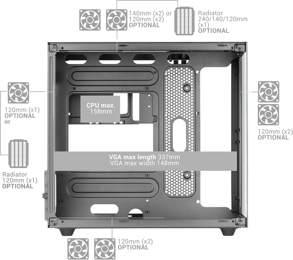 Mars Gaming MC-S1, ultrakompakt Micro-ATX PC-fodral, ARGB frontbelysning 12 lägen, FRGB-fläkt, spelfodral för helsidofönster, stöder vätskekylare upp till 120 mm, rosa