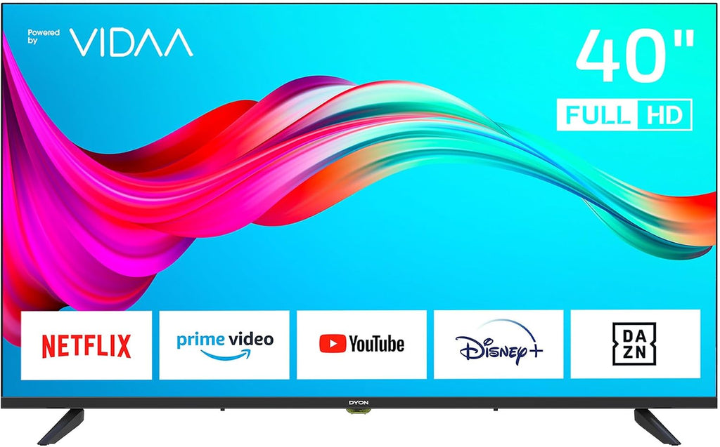 DYON Smart 40 VX-2 Full HD-TV, trippel HD-mottagare (DVB-C/-S2/-T2), App Store, Prime Video, Netflix, YouTube, DAZN, Disney+, svart