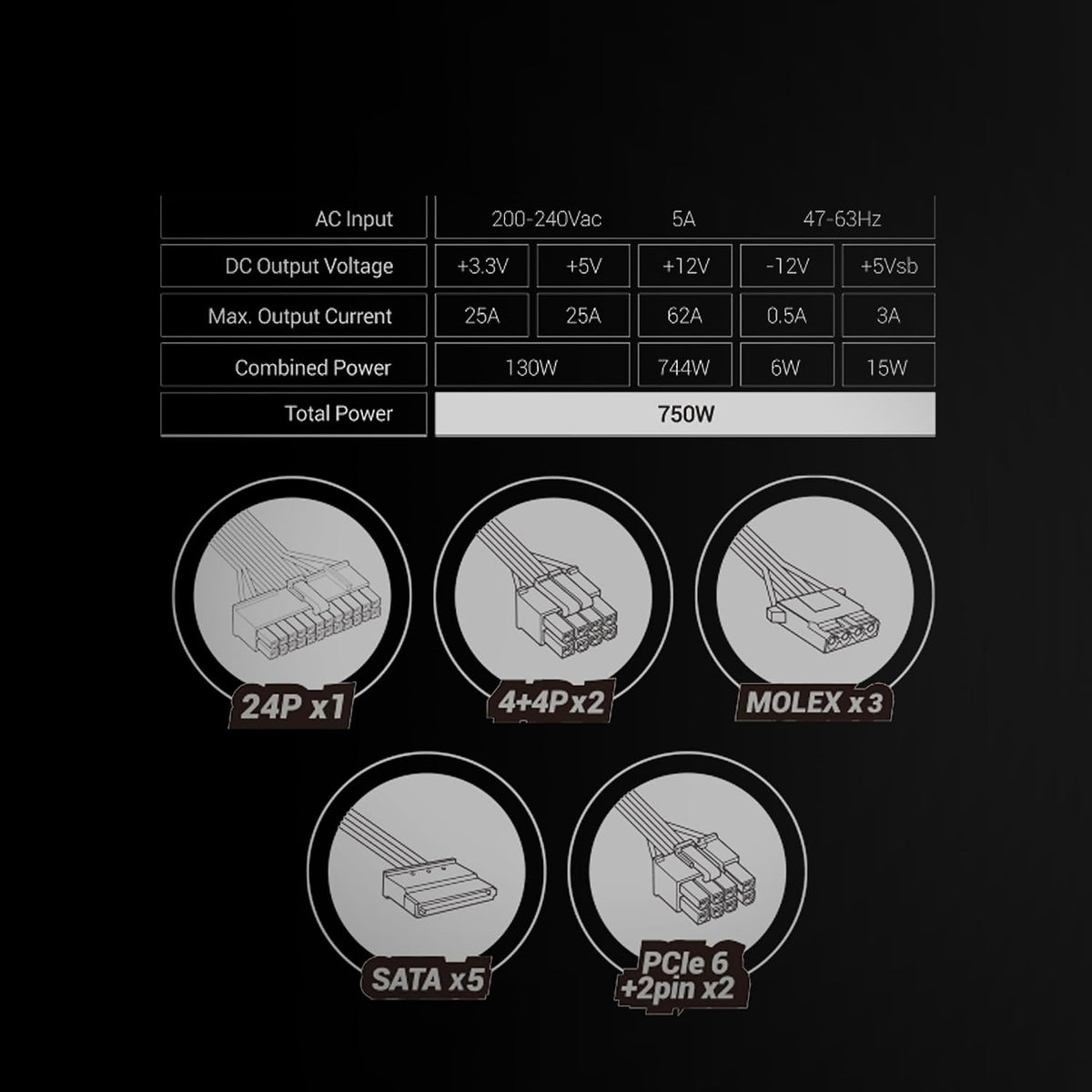 MARS GAMING MPB750SIM, Fullmodulärt ATX 750W Nätaggregat, 7 Års Garanti, 80Plus Bronze 230V EU, 90% Effektivitet, 140mm SI Extreme Silence Fläkt, AI2-RPM, DC-DC och SMD Teknologier, Svart